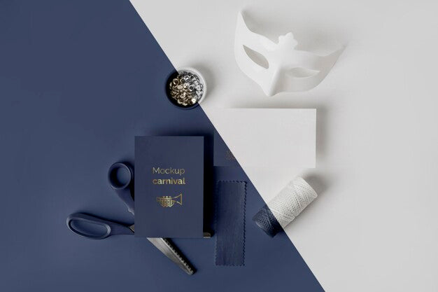 Free Flat Lay Of Simplistic Carnival Invitation With Scissors And Thread Psd
