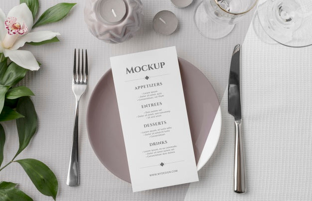 Free Flat Lay Of Spring Menu Mock-Up On Plate With Cutlery And Flowers Psd