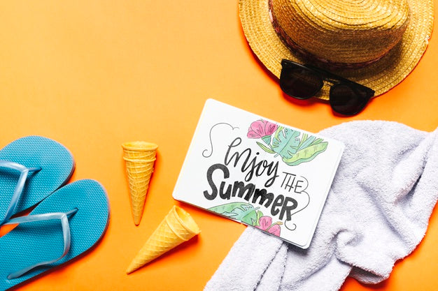 Free Flat Lay Open Book Mockup With Summer Elements Psd