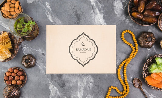 Free Flat Lay Ramadan Composition With Paper Card Template Psd