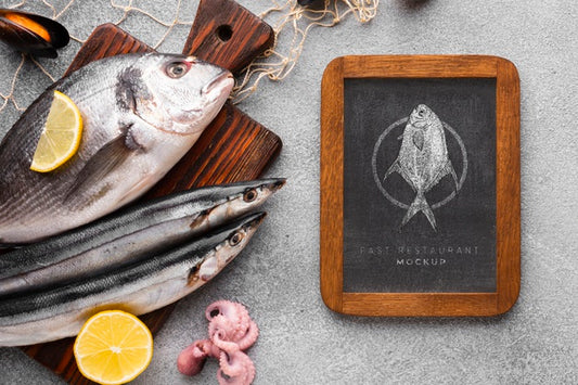 Free Flat Lay Sea Food Arrangement With Blackboard Mock-Up Psd