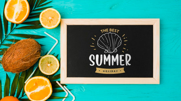 Free Flat Lay Slate Mockup With Summer Elements Psd