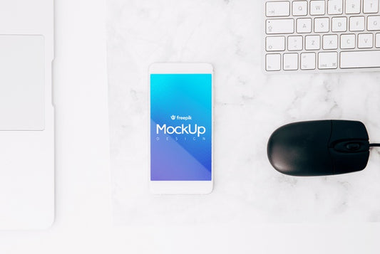 Free Flat Lay Smartphone Mockup On Workspace Psd