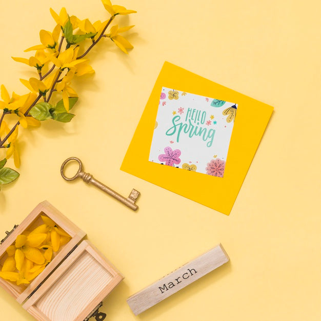 Free Flat Lay Spring Mockup With Greeting Card Psd