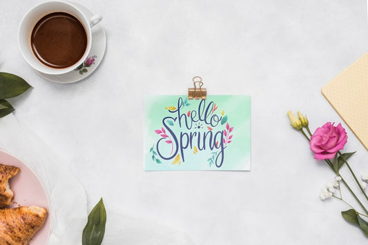 Free Flat Lay Spring Mockup With Greeting Card Psd