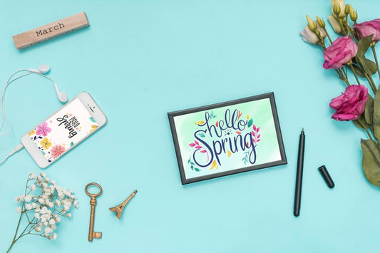 Free Flat Lay Spring Mockup With Greeting Card Psd