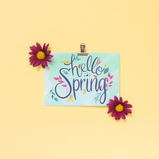 Free Flat Lay Spring Mockup With Greeting Card Psd