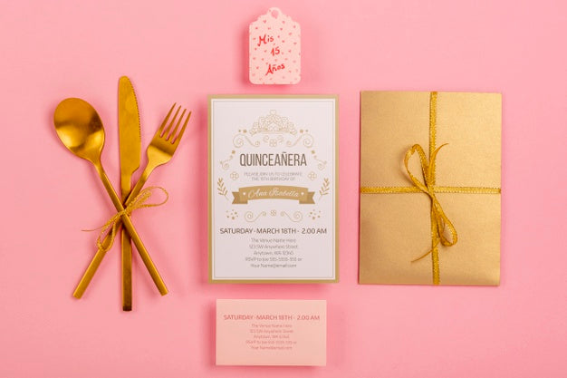 Free Flat Lay Stationery Items For Sweet Fifteen Event Psd