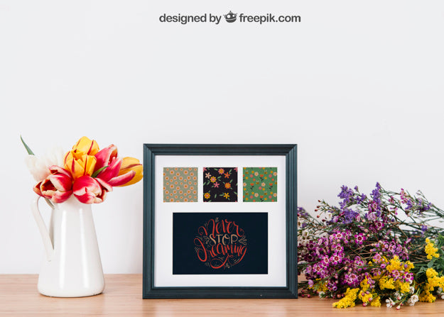 Free Floral Mockup Of Frame On Tabletop Psd