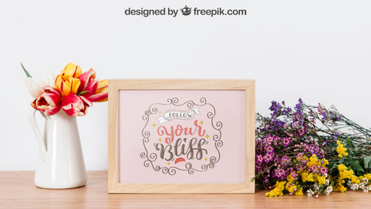 Free Floral Mockup Of Wooden Frame Psd