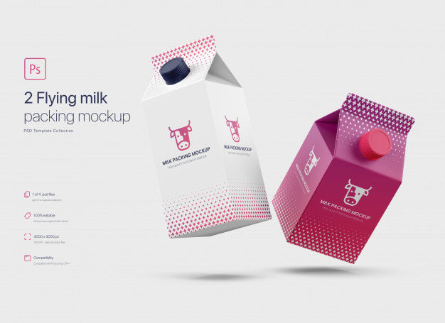 Free Flying Milk Carton Packing Mockup Psd