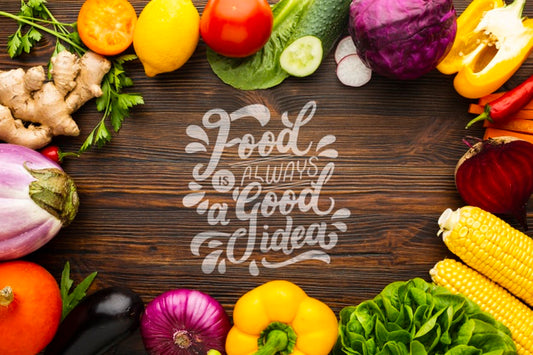 Free Food Is Good Idea Mock-Up With Frame Made From Delicious Fresh Veggies Psd