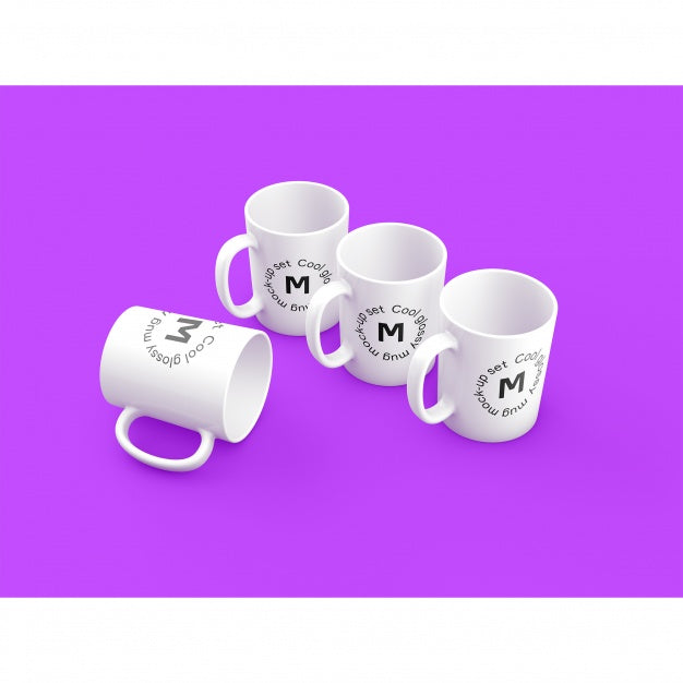 Free Four Mugs On Purple Background Mock Up Psd