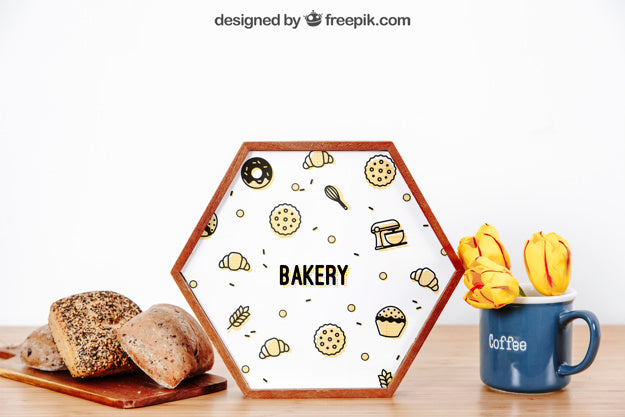 Free Frame Mockup With Bread And Mug Psd