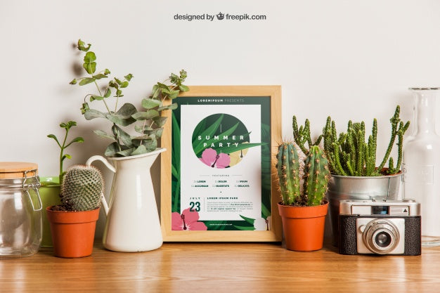 Free Frame Mockup With Plants Psd