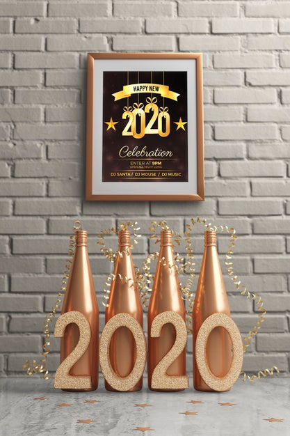 Free Framw Hanged On Wall Above Golden Bottles Psd