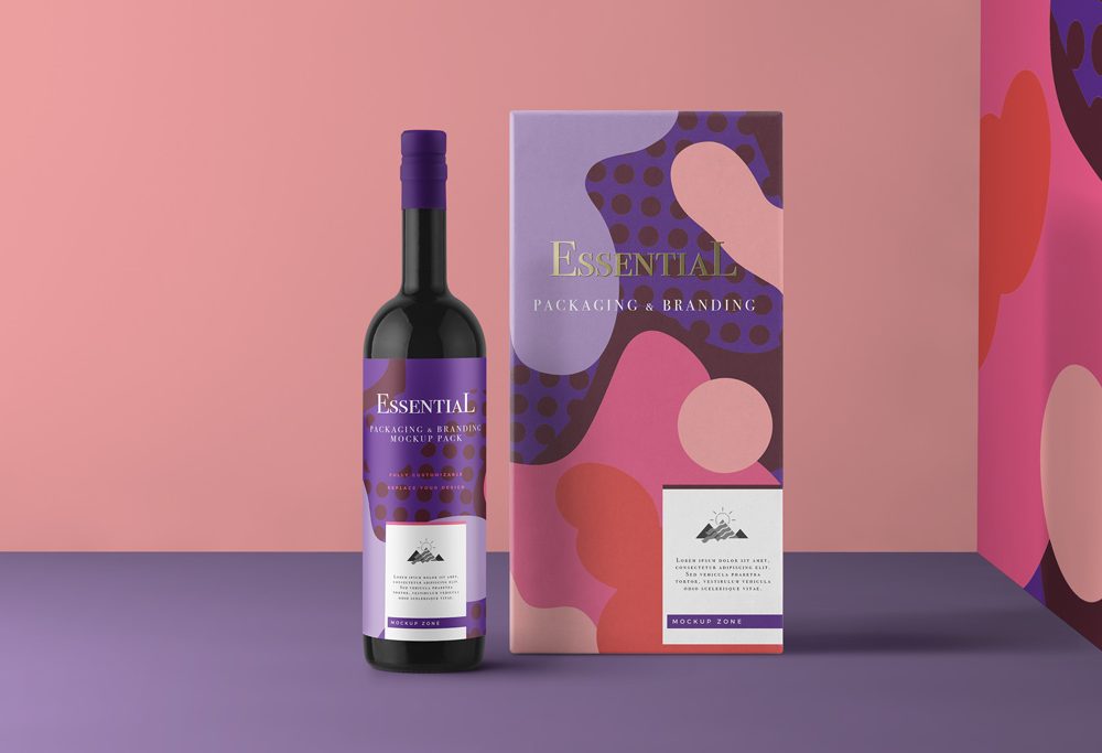 Free Wine Bottle with Packaging Box Mockup