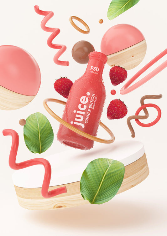 Free Fresh Summer Juice Mockup With Strawberries Psd