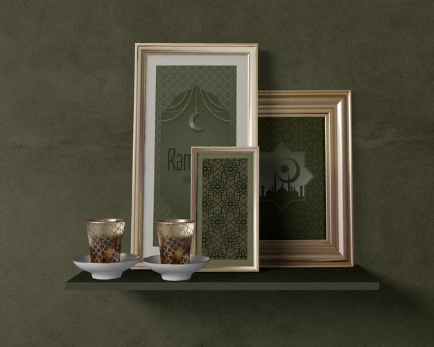 Free Front View Festive Ramadan Arrangement With Frames Mock-Up Psd