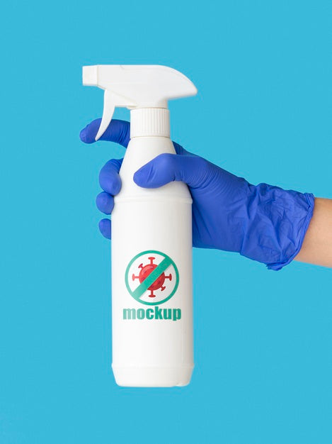 Free Front View Hand With Glove Holding Disinfection Bottle Mock-Up Psd
