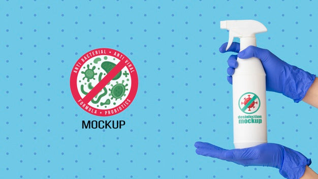 Free Front View Hand With Glove Holding Disinfection Bottle Mock-Up With Copy-Space Psd