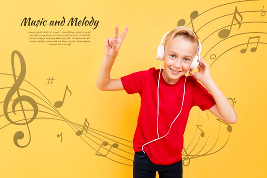 Free Front View Of Child Listening To Music On Headphones And Making Peace Sign Psd