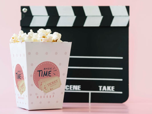 Free Front View Of Cinema Clapperboard And Popcorn Psd
