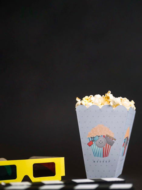 Free Front View Of Cinema Glasses With Popcorn And Copy Space Psd