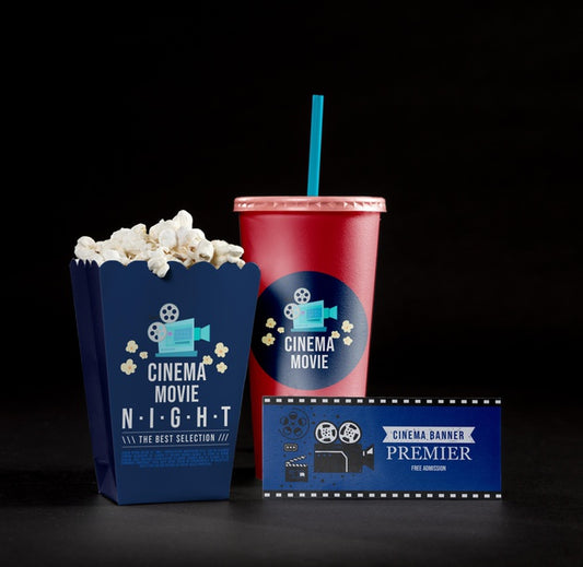 Free Front View Of Cinema Popcorn With Cup And Card Psd