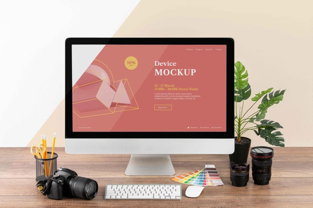 Free Front View Of Photographer Wooden Workspace With Computer Monitor Psd