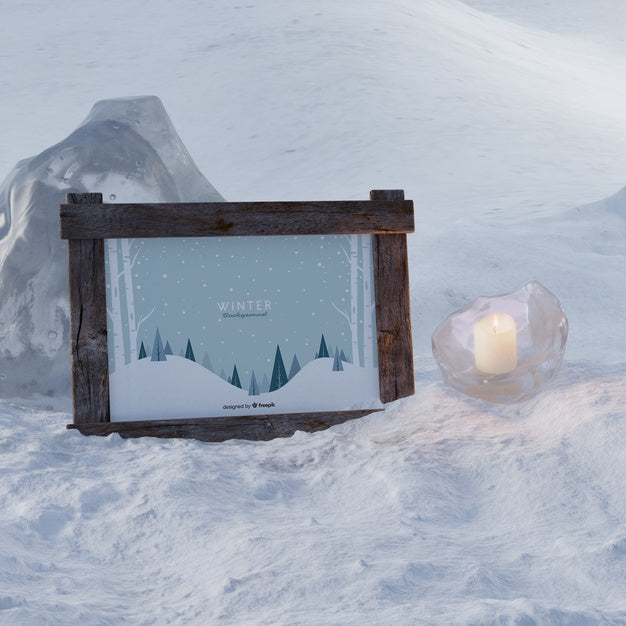 Free Frozen Candle Beside Frame With Winter Theme Psd