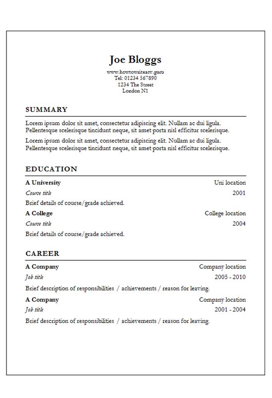 Free Garamond Column Text Only CV Resume Template in Microsoft Word (DOCX) Format