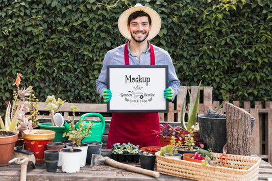 Free Gardener Holding Mock-Up Sign Psd