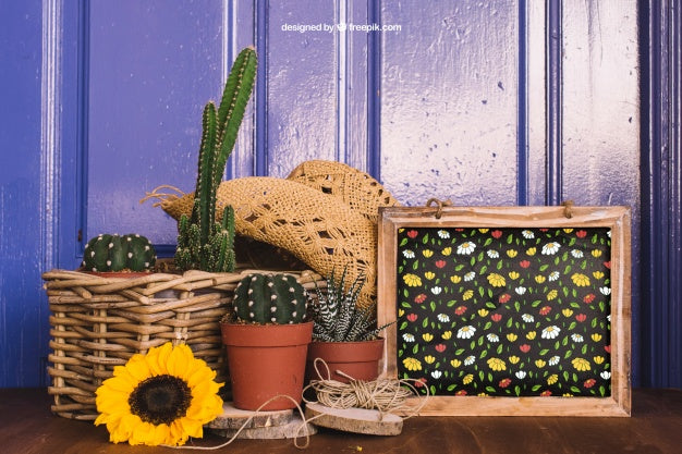 Free Gardening Mockup With Cactus Psd