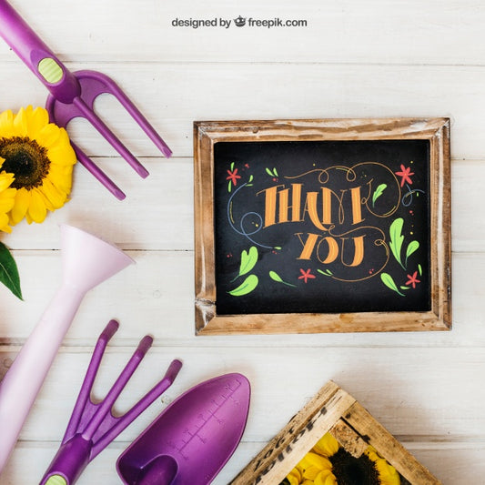 Free Gardening Mockup With Gardening Tools Psd