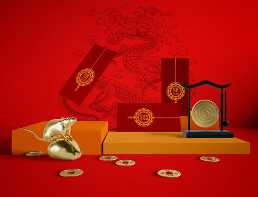 Free Golden Rat And New Year Greeting Cards On Red Background Psd