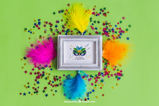 Free Great Carnival Mockup Design With Colored Feathers Psd