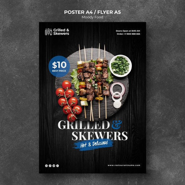 Free Grilled Skewers With Veggies Restaurant Poster Template Psd