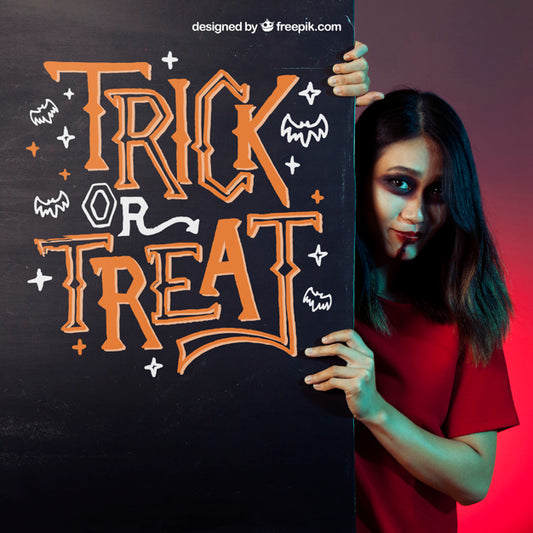 Free Halloween Mockup With Girl Behind Black Wall Psd