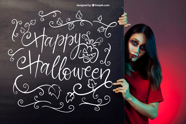 Free Halloween Mockup With Girl Behind Board Psd