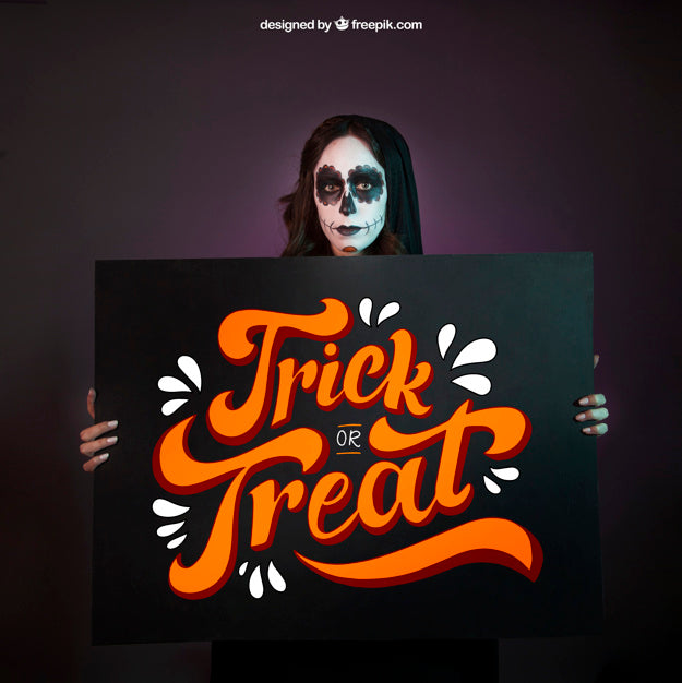 Free Halloween Mockup With Girl Holding Big Board Psd