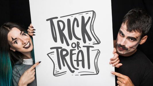 Free Halloween Mockup With Lettering On Big Board And Couple Psd