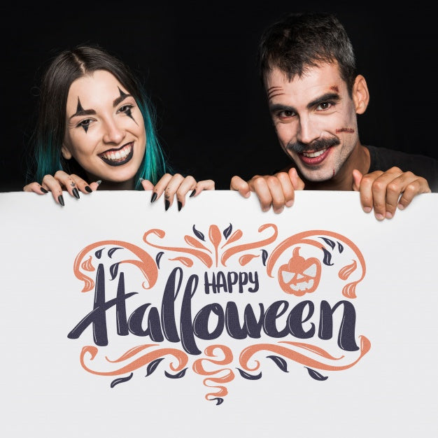 Free Halloween Mockup With Lettering On Big Board And Couple Psd