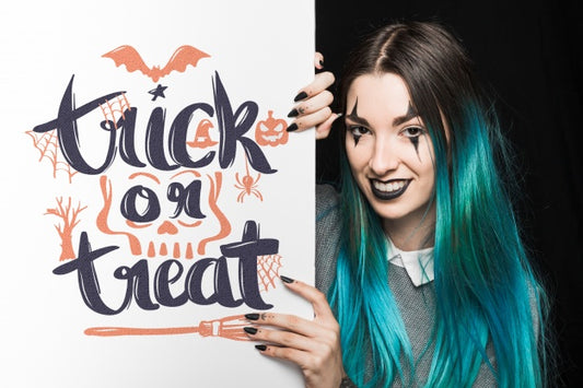 Free Halloween Mockup With Lettering On Big Board And Woman Psd