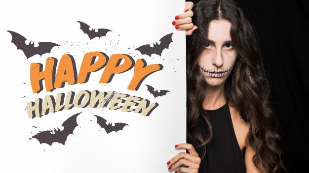 Free Halloween Mockup With Lettering On Big Board And Woman Psd