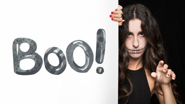 Free Halloween Mockup With Lettering On Big Board And Woman Psd