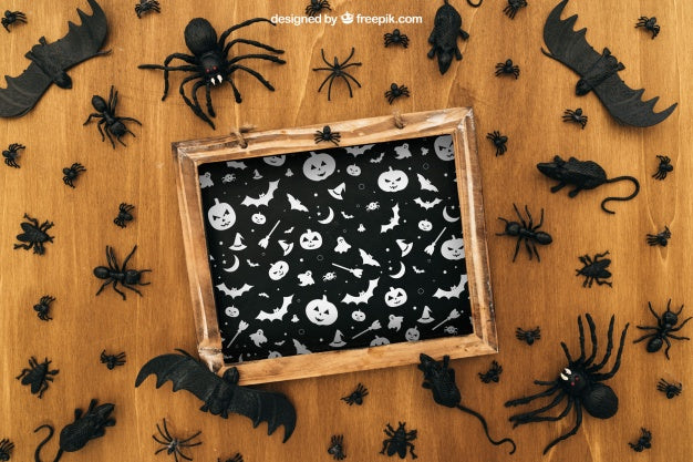 Free Halloween Mockup With Slate And Bats Psd