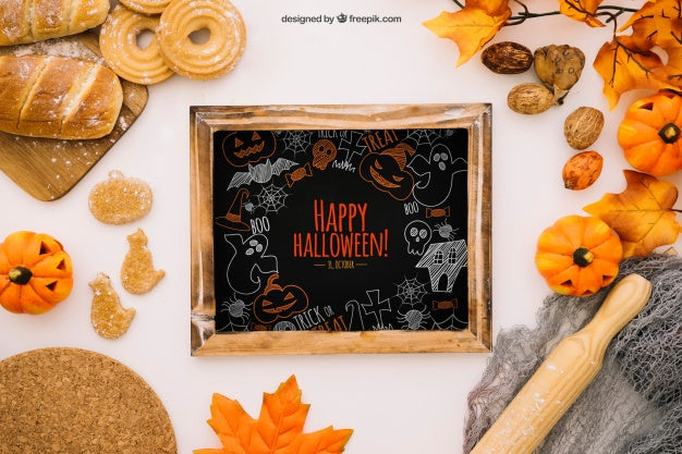 Free Halloween Mockup With Slate And Bread Psd