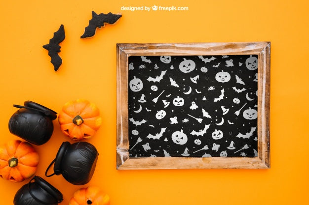 Free Halloween Mockup With Slate And Pumpkins Psd