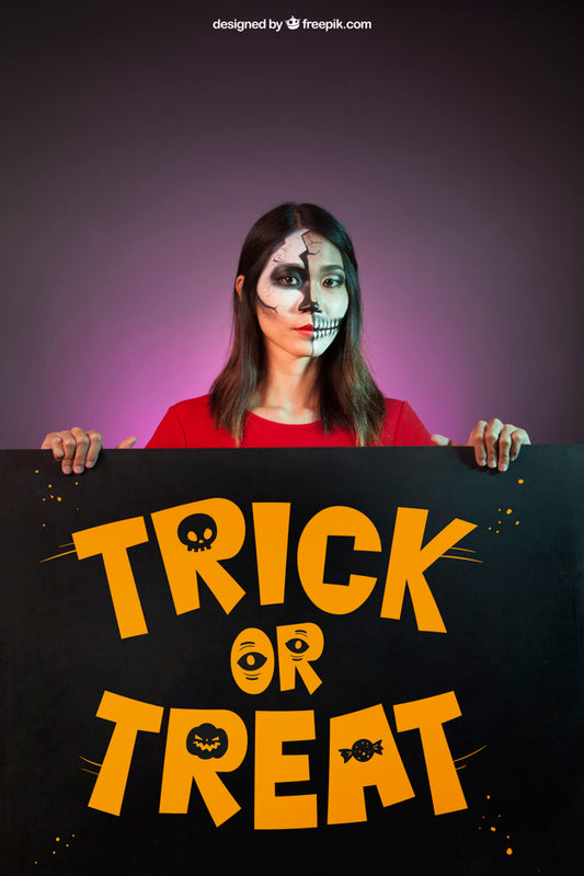 Free Halloween Mockup With Woman Behind Big Board Psd